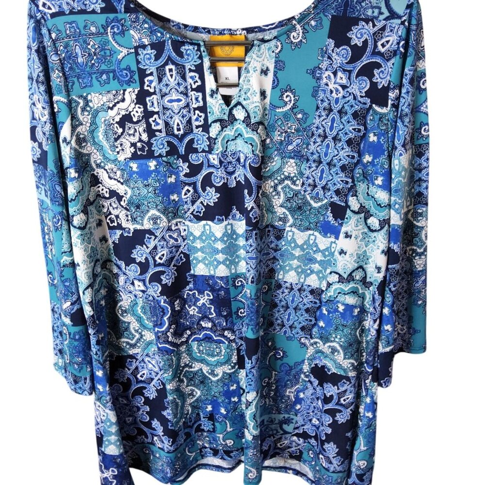 Ruby Lane Womens Wrinkle Free Aqua Blue Paisley Blouse.